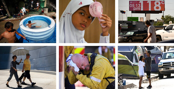 collage of images showing people dealing with extreme heat