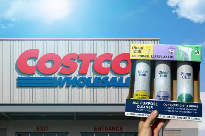 Costco banner with Clean Cult product package held in front.