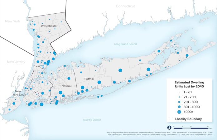 A map showing an estimated loss of New York dwelling units by 2040, based on climate change and sea level rise projections by the New York Panel on Climate Change