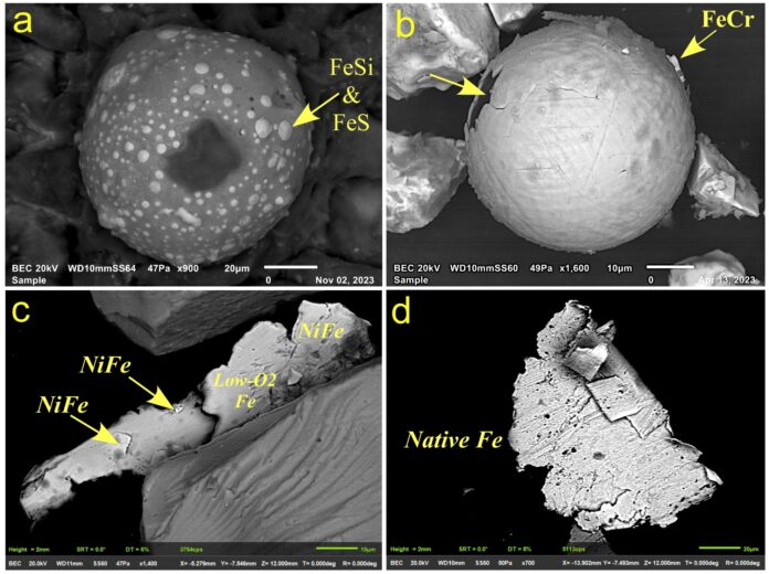 A four-paneled microscope image of metallic dust