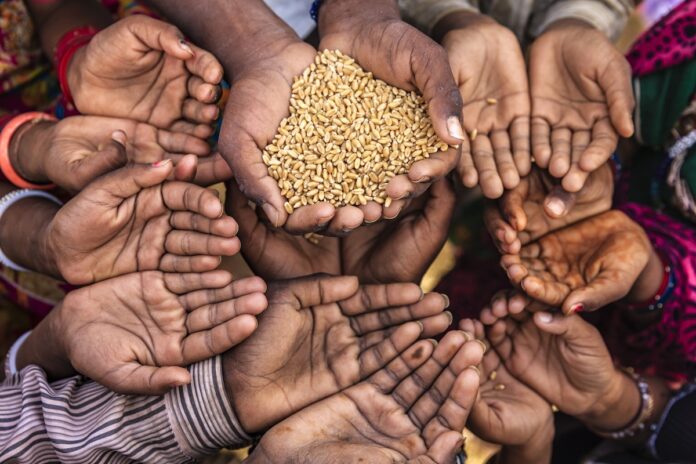 Closeup of the hands of poor children in India holding their hands out for food